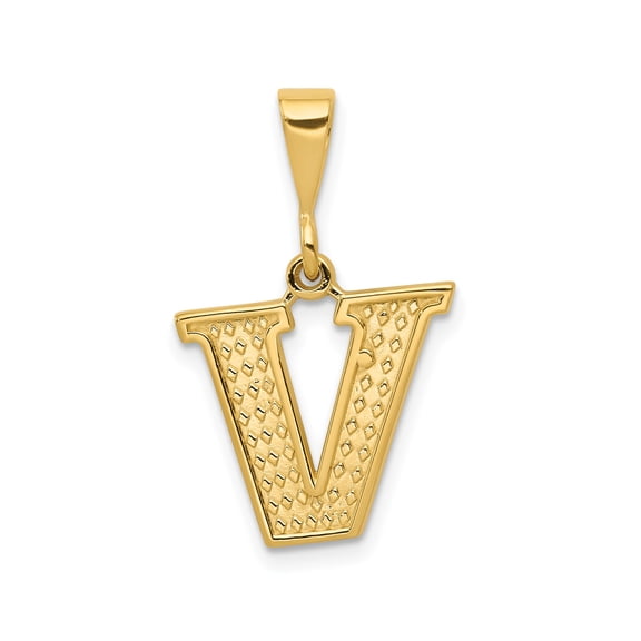 10k Yellow Gold V Initial Pendant Necklace for Women or Unisex Wear, Textured Block Letter Charm with Bold Serif Design, Personalized Alphabet Jewelry for Identity and Name Style