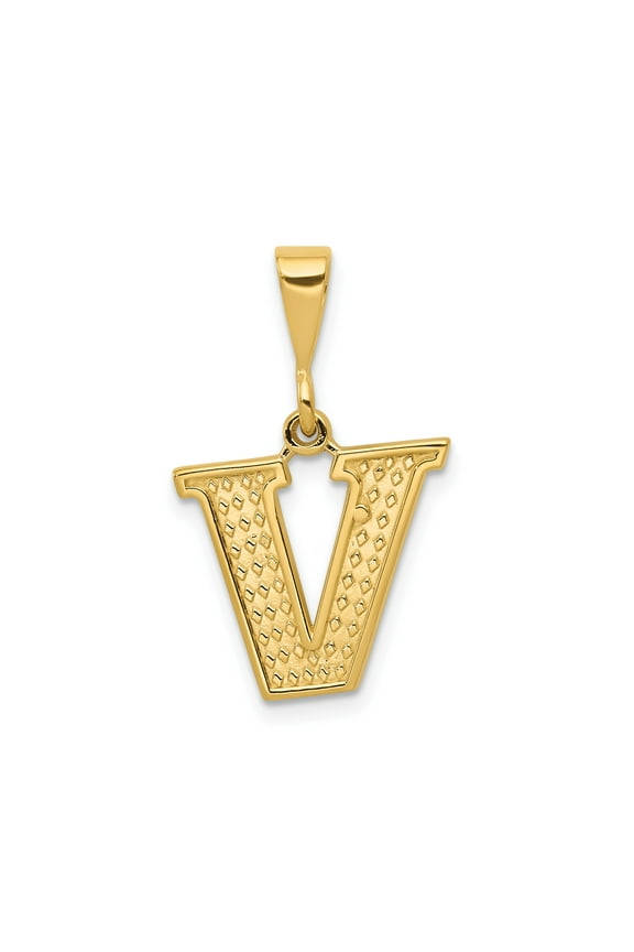 10k Yellow Gold V Initial Pendant Necklace for Women or Unisex Wear, Textured Block Letter Charm with Bold Serif Design, Personalized Alphabet Jewelry for Identity and Name Style