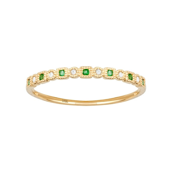 10k Yellow Gold Vintage Style Emerald and Diamond Petite Stackable Band