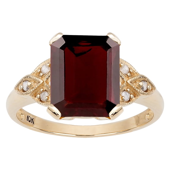 10k Yellow Gold Vintage Style Genuine Emerald-Cut Garnet and Diamond Ring