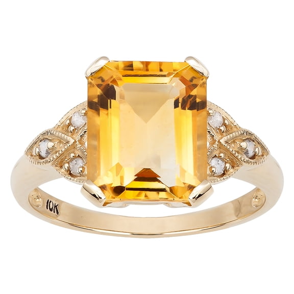 10k Yellow Gold Vintage Style Genuine Emerald-cut Citrine and Diamond Ring