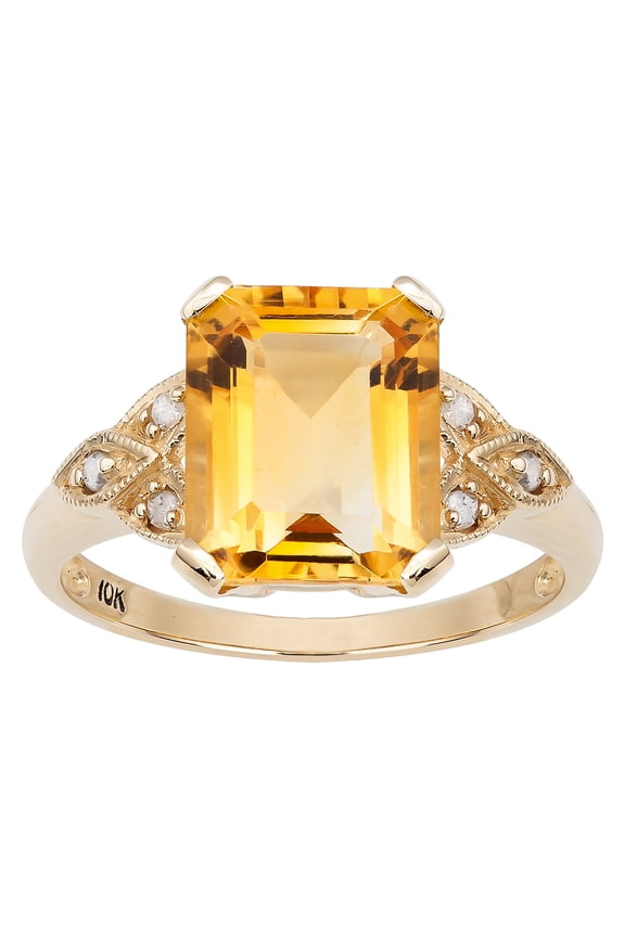10k Yellow Gold Vintage Style Genuine Emerald-cut Citrine and Diamond Ring