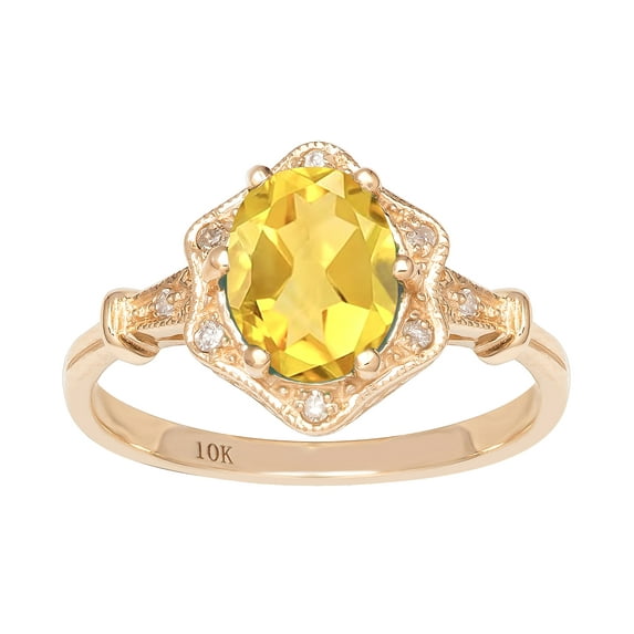 10k Yellow Gold Vintage Style Genuine Oval Citrine and Diamond Halo Ring