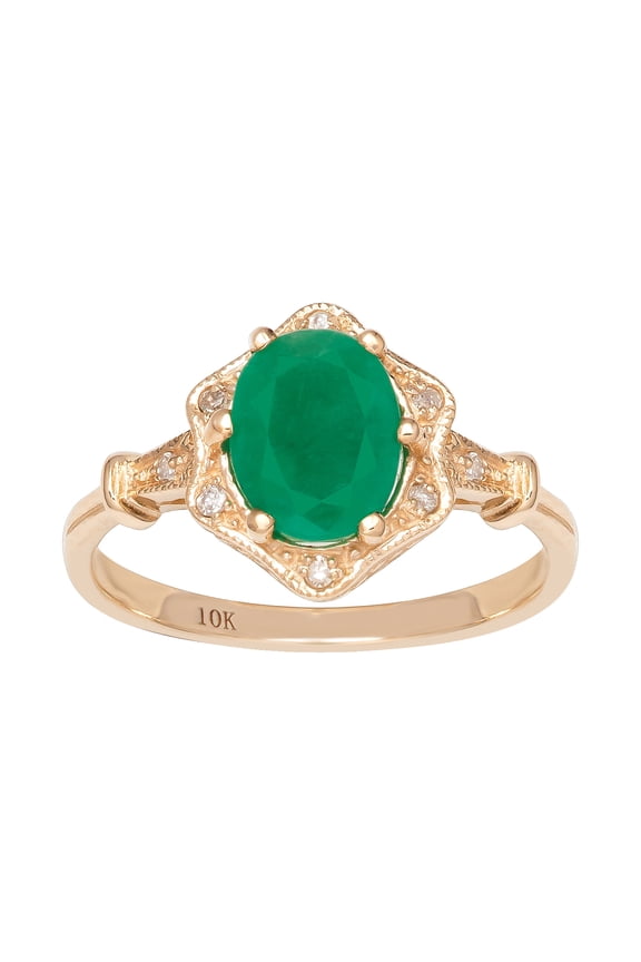 10k Yellow Gold Vintage Style Genuine Oval Emerald and Diamond Halo Ring