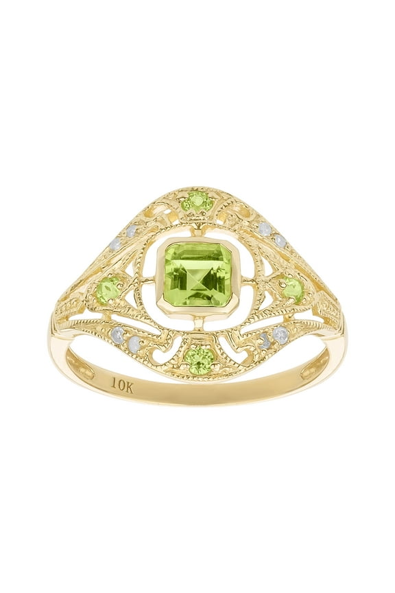 10k Yellow Gold Vintage Style Genuine Peridot and Diamond Ring