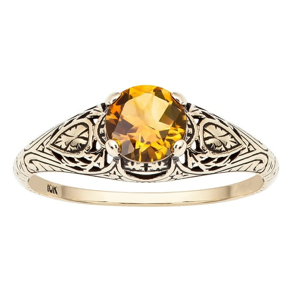 10k Yellow Gold Vintage Style Genuine Round Citrine Scroll Ring
