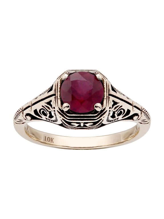 10k Yellow Gold Vintage Style Genuine Round Ruby Filigree Ring