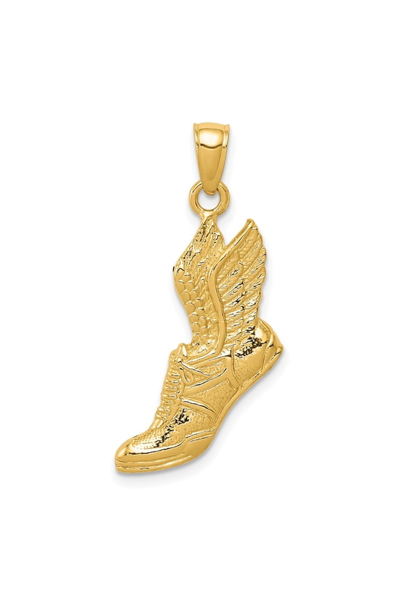 10k Yellow Gold Winged Sneaker Pendant for Men or Unisex, High-Top Shoe Necklace with Feather Detail, Hip Hop Urban Fashion Jewelry Symbolizing Speed and Freedom