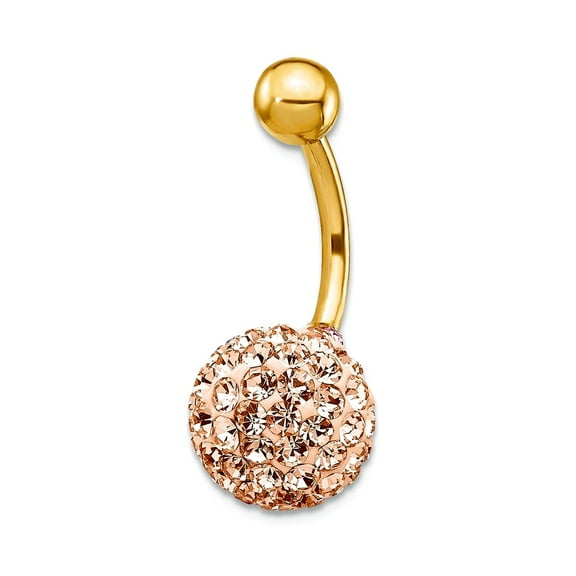 10k Yellow Gold With Champagne Crystal Ball Belly Ring Dangle 23x11mm Wide Body Piercing Ring for Women