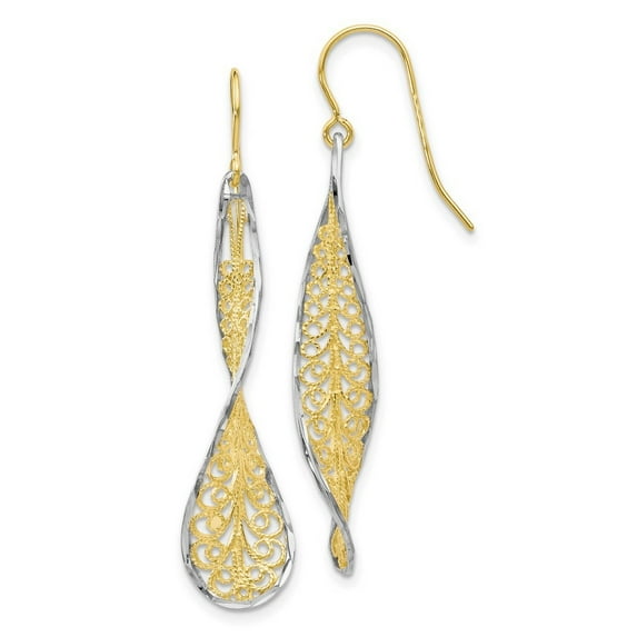 10k Yellow Gold With Rhodium Sparkle Cut Dangle Shepherd Hook Earrings Measures 43x9mm Wide - Dangle Earring for Women