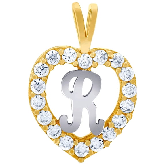 10k Yellow Gold Womens Cubic Zirconia Love Heart Letter Name Personalized Monogram Initial R Charm Pendant Necklace 19.3