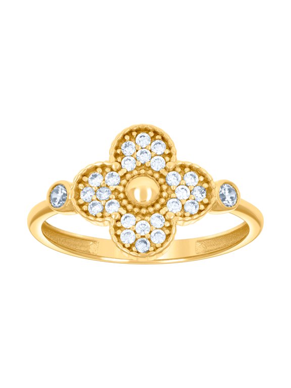 10k Yellow Gold Womens Cubic Zirconia Clover Good Luck Ring 11.5x1.5mm Wide Ring for Women