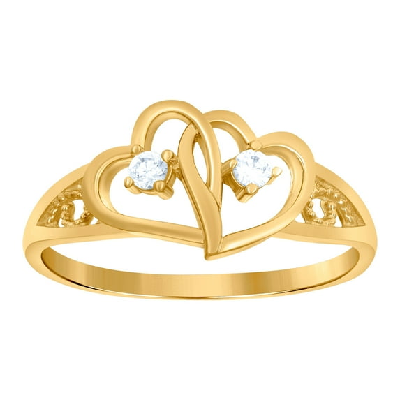 10k Yellow Gold Womens Cubic Zirconia Double Love Heart Engagement Ring 8.3x2.2mm Wide Statement Ring for Women