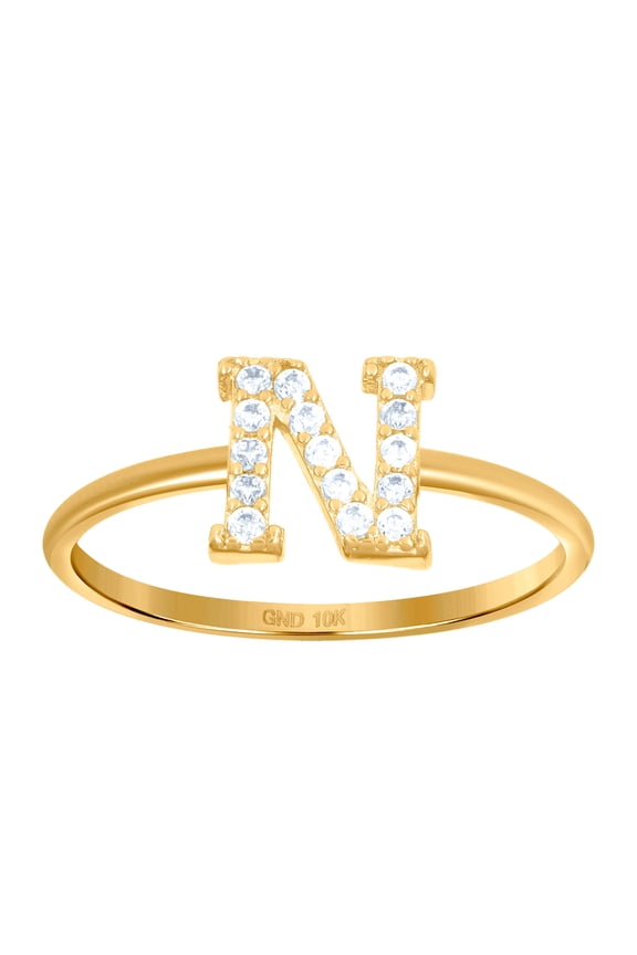 10k Yellow Gold Womens Cubic Zirconia Letter Name Personalized Monogram Initial Alphabet N Ring 1.2mm Wide Ring for Wome