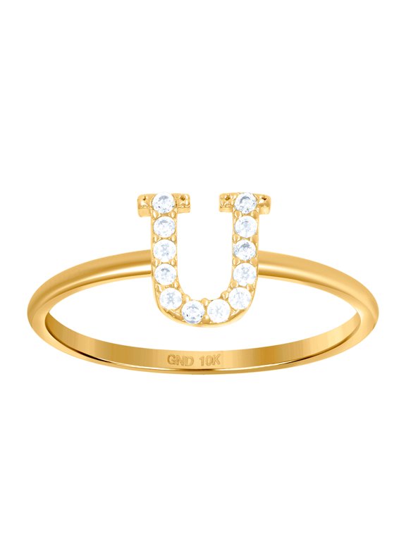 10k Yellow Gold Womens Cubic Zirconia Letter Name Personalized Monogram Initial Alphabet U Ring 1.2mm Wide Ring for Wome