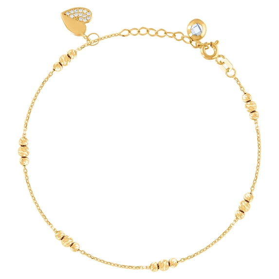 10k Yellow Gold Womens Cubic Zirconia Love Heart Beaded Charm 8 Inch Bracelet 8x7.5mm Wide Charm Bracelet for Women