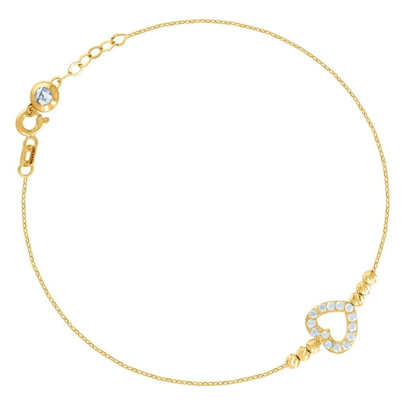 10k Yellow Gold Womens Cubic Zirconia Love Heart Beaded Charm 8 Inch Bracelet 9x9mm Wide Charm Bracelet for Women