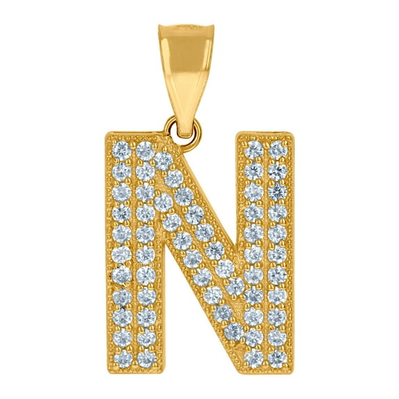 10k Yellow Gold Womens Cubic Zirconia N Alphabet Letter Name Personalized Monogram Initial Charm Pendant Necklace 22.3x1