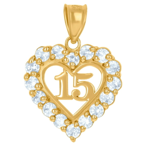 10k Yellow Gold Womens Cubic Zirconia Quinceanera Love Heart 15 Charm Pendant Necklace 24.5x17.2mm Wide Pendant for Wome