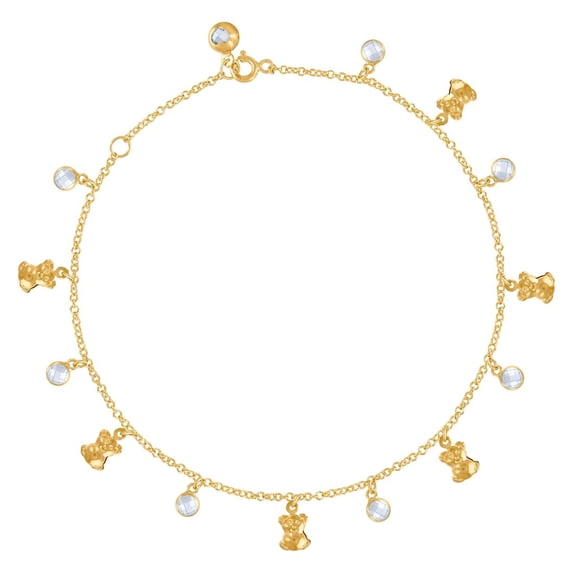 10k Yellow Gold Womens Cubic Zirconia Teddy Bear Fashion Charm Anklet 10 Inch 9.8mm Wide Anklet for Women