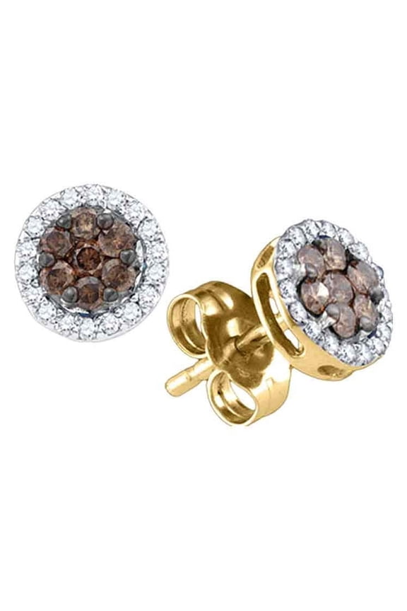 10k Yellow Gold Womens Cognac-brown Colored Diamond Flower Cluster Screwback Stud Earrings 1/4 Cttw
