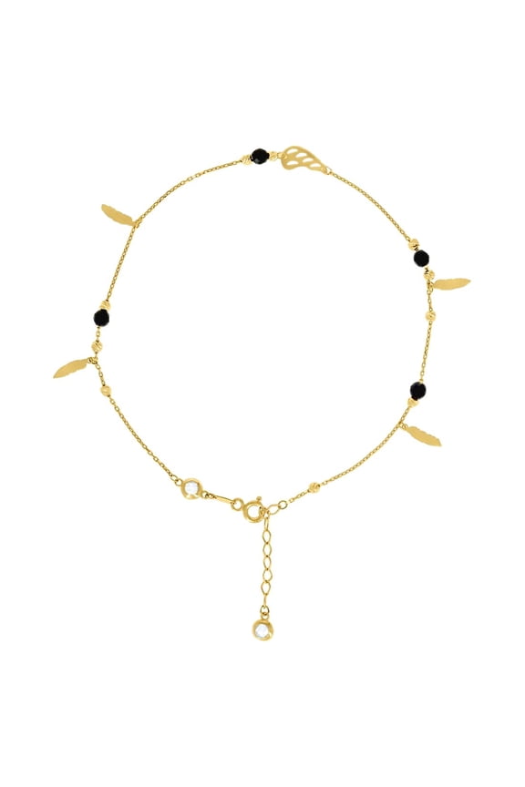 10k Yellow Gold Womens Cubic Zirconia Diamond-cut Black Beaded Feather Charms Chain Anklet 9 + 1 Inch 9.3mm Wide Anklet