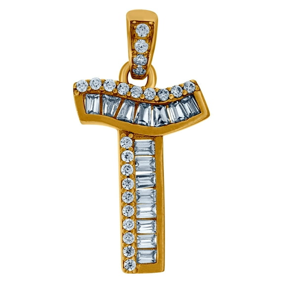 10k Yellow Gold Womens Round Baguette Cubic Zirconia Letter Name Personalized Monogram Initial Capital T Charm Pendant N