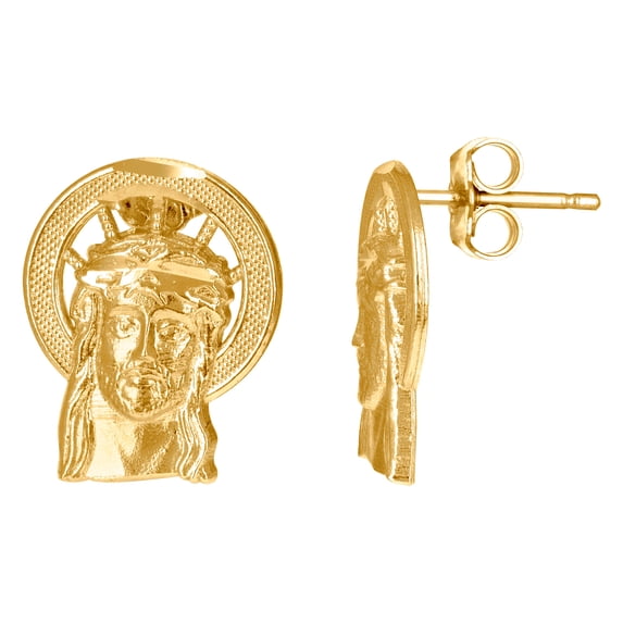 10k Yellow Gold Womens Textured Jesus Face Religious Stud Earrings 12.8x9.9mm Wide Stud Earring for Women