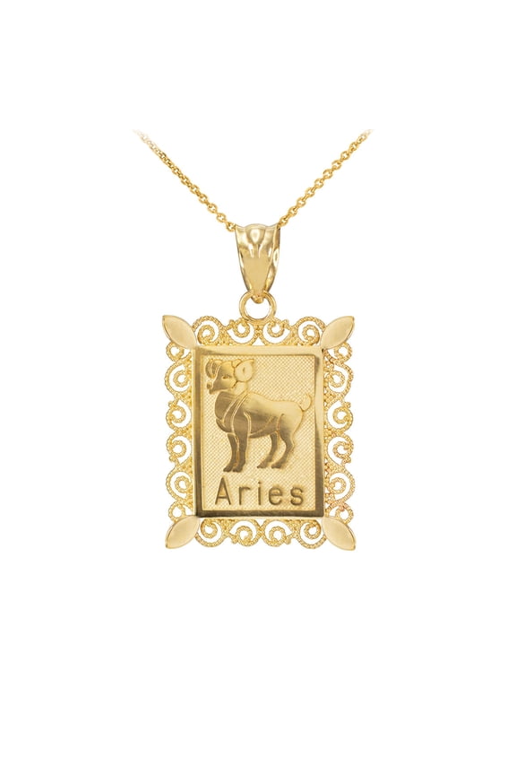 10k Yellow Gold Zodiac Sign Filigree Square Pendant Necklace Aries (16 Inches)