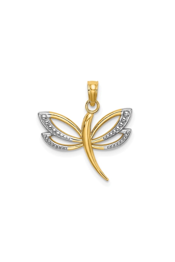 10k Yellow Gold and Rhodium Dragonfly Pendant for Women with Textured Wings, Nature Inspired Spiritual Jewelry Symbolizing Transformation and Freedom