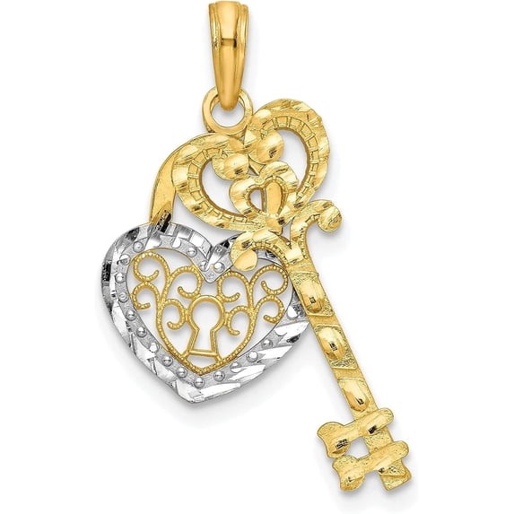 10k Yellow Gold & w/Rhodium Filigree Heart Lock and Key Pendant - 30.2mm