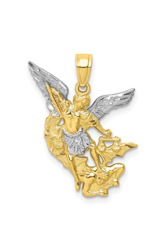 10k Yellow Gold with Rhodium Diamond Cut Saint Michael Charm Pendant
