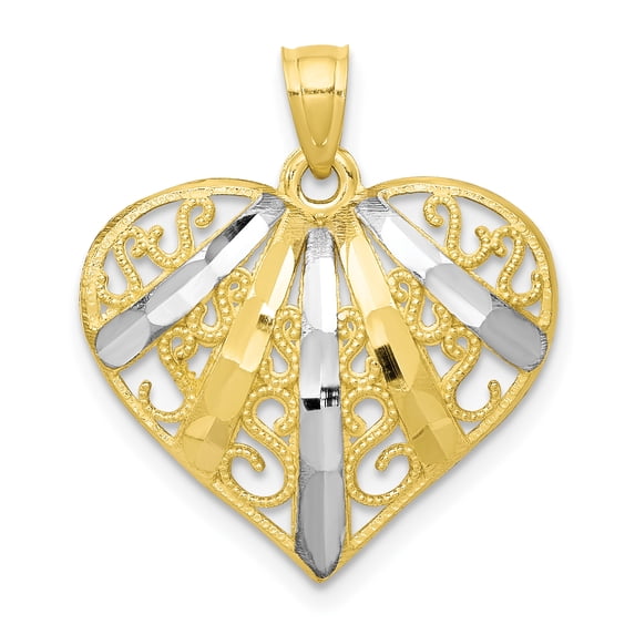 10k Yellow Gold with Rhodium Solid Diamond-Cut Filigree Heart Charm Pendant