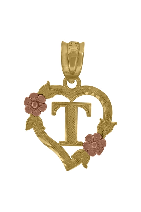 10k Yellow & Rose Gold Women Initial "T" Letter Pendant 1.1g Diamond Cut Charm
