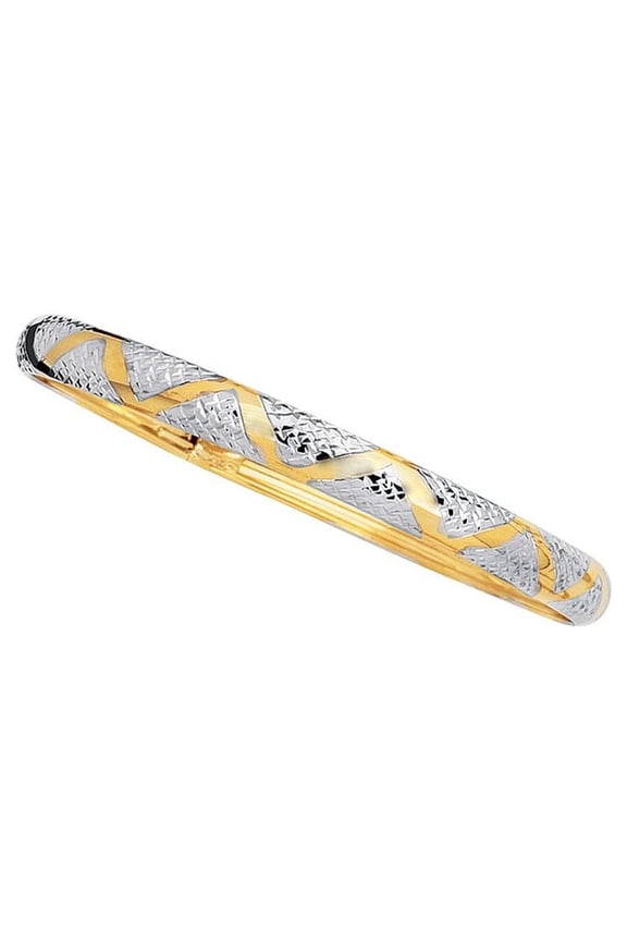 10k Yellow White Gold 6.0mm Shiny Sparkle-Cut Flex Bangle Bracelet With Yellow Wavy Line - 4.9 Grams