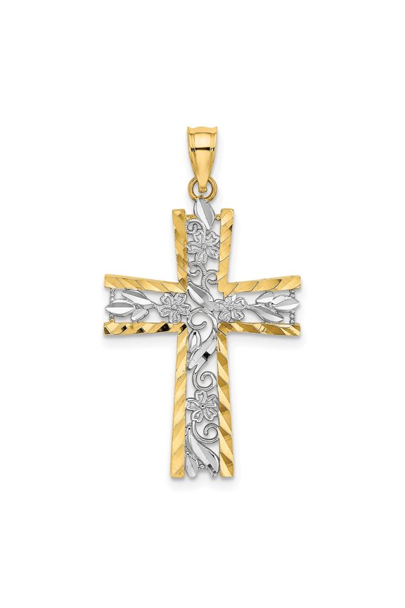 10k Yellow and White Gold Cross Pendant for Men and Women with Diamond Cut Floral Design Two Tone Religious Necklace Faith Symbol Spiritual Charm Jewelry