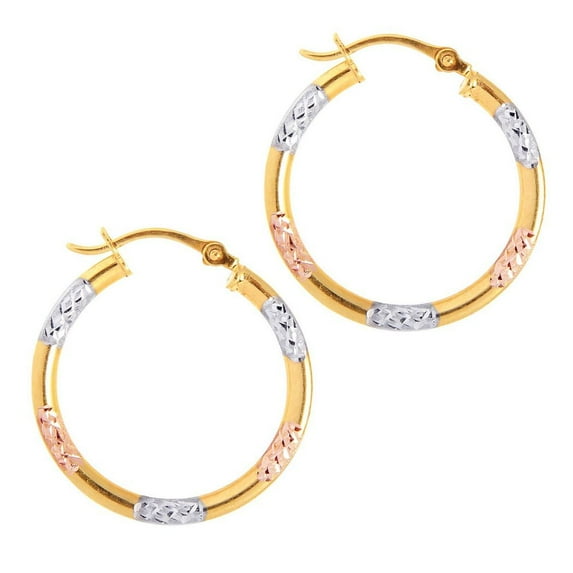 10k Yellow White Rose Gold Shiny Sparkle-Cut Round Hoop Earrings With Hinged Clasp - .8 Grams
