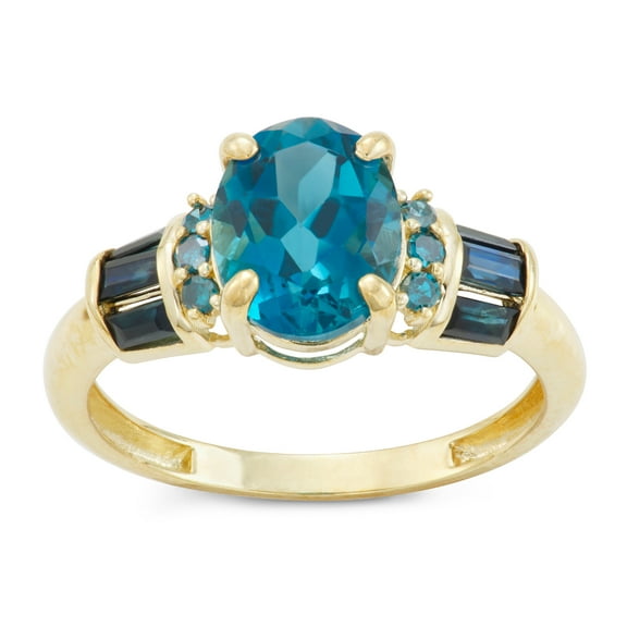 10k gold blue topaz, sapphire and diamond ring