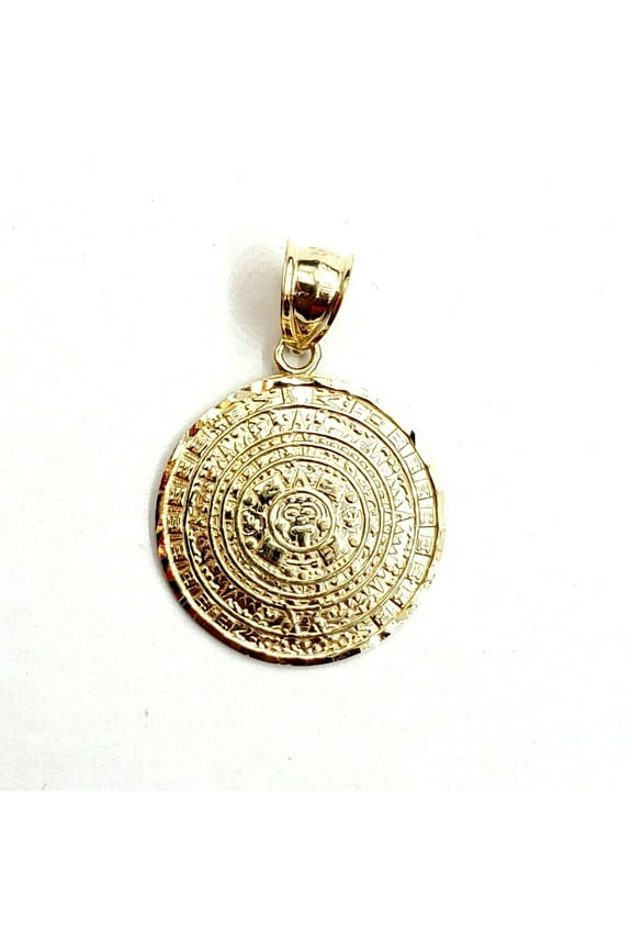 10k yellow Gold solid Aztec Mayan sun calendar Azteca pendant gift 0.80" 2.7g