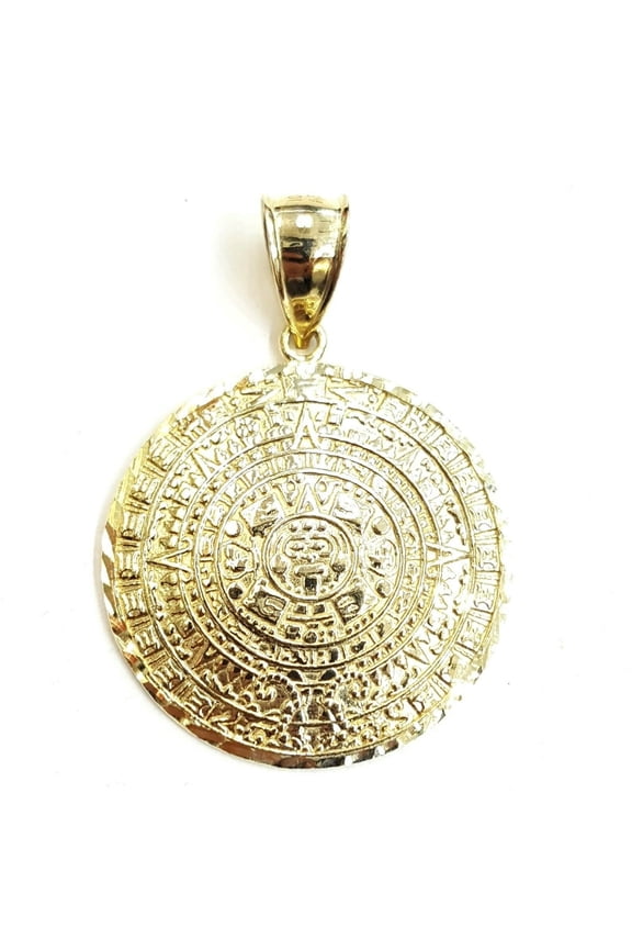 10k yellow Gold solid Aztec Mayan sun calendar Azteca pendant gift 1.22" 6.6g
