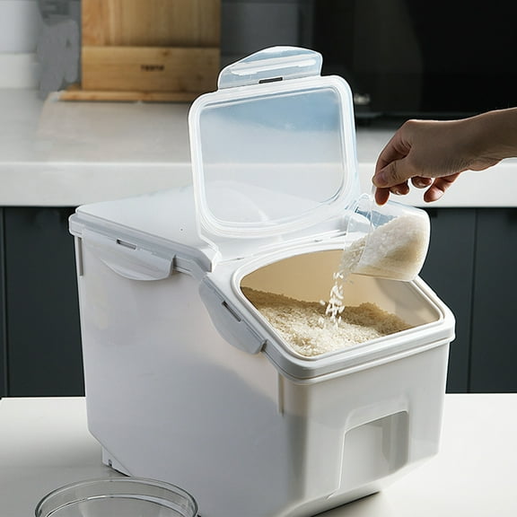 10kg Rice Storage Container, 12.79x10.35x7.67in White Polypropylene with Measuring Cup, for Grain Flour Pet Food