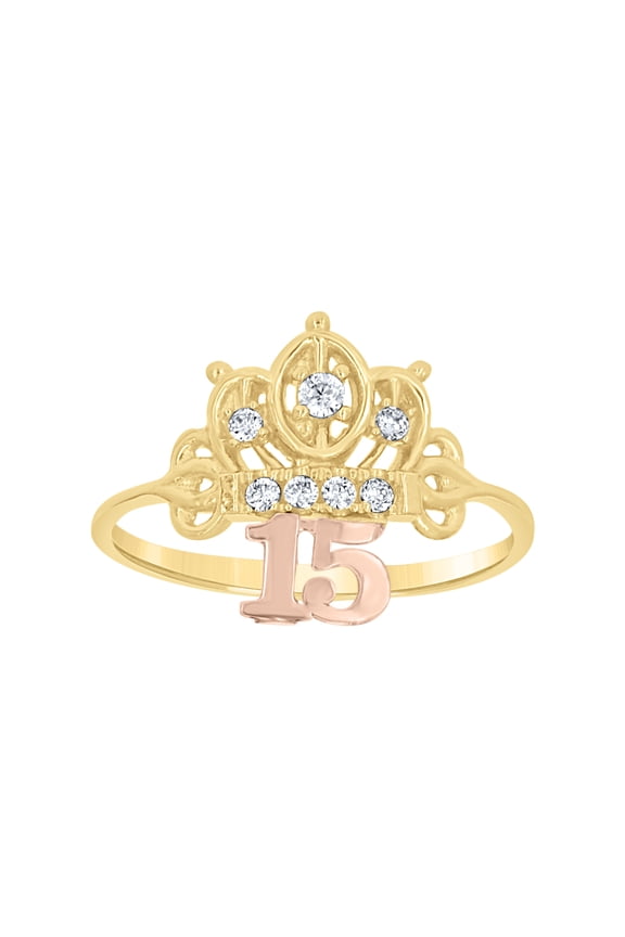 10kt 10k Tri-Color Gold Womens Cubic Zirconia Dc 15 Anos Crown Engagement Ring