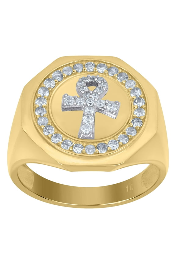 10kt 10k Two-Tone Gold Mens Cubic-Zirconia Ankh Religious Signet Ring