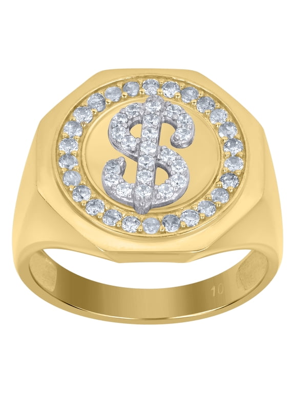 10kt 10k Two-Tone Gold Mens Cubic-Zirconia Dollar Sign Currency Signet Ring