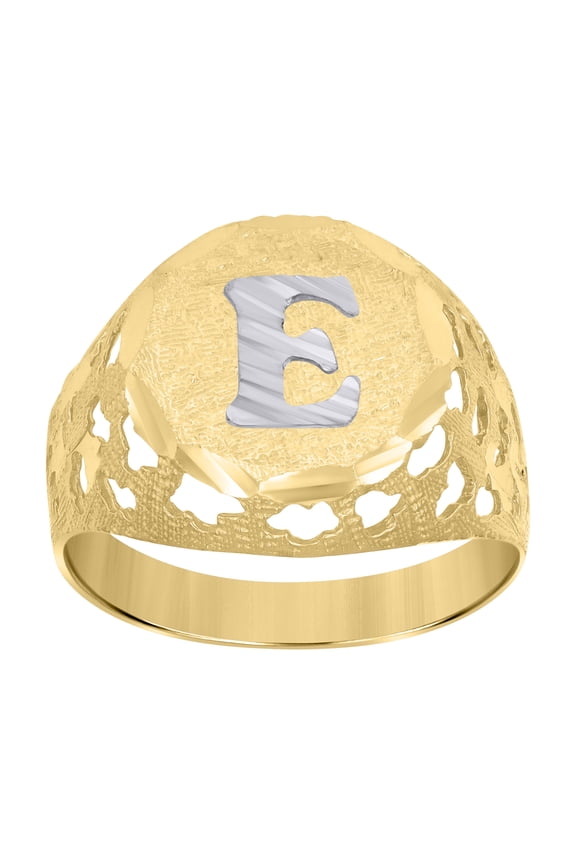 10kt 10k Two-Tone Gold Mens Diamond-Cut Textured Initial Letter E Band Ring