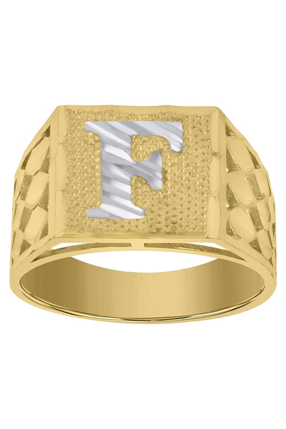 10kt 10k Two-Tone Gold Mens Diamond-Cut Textured Initial Letter F Band Ring