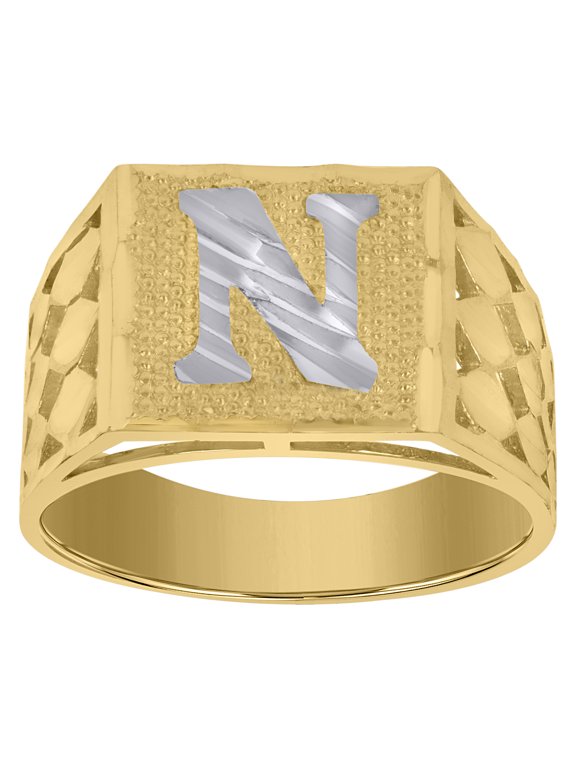 10kt 10k Two-Tone Gold Mens Diamond-Cut Textured Initial Letter N Band Ring