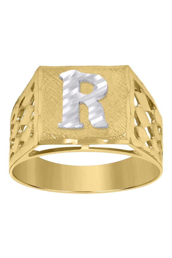 10kt 10k Two-Tone Gold Mens Diamond-Cut Textured Initial Letter R Band Ring