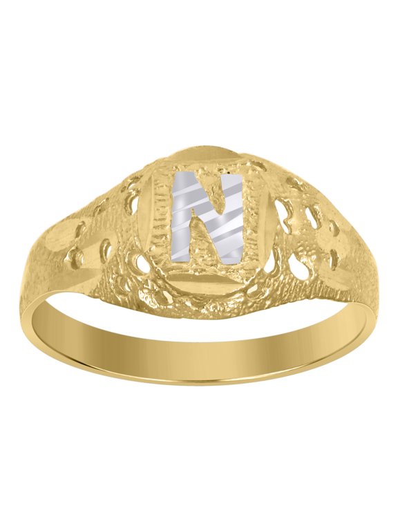 10kt 10k Two-Tone Gold Mens Diamond-Cut Textured Oval Initial Letter N Band Ring