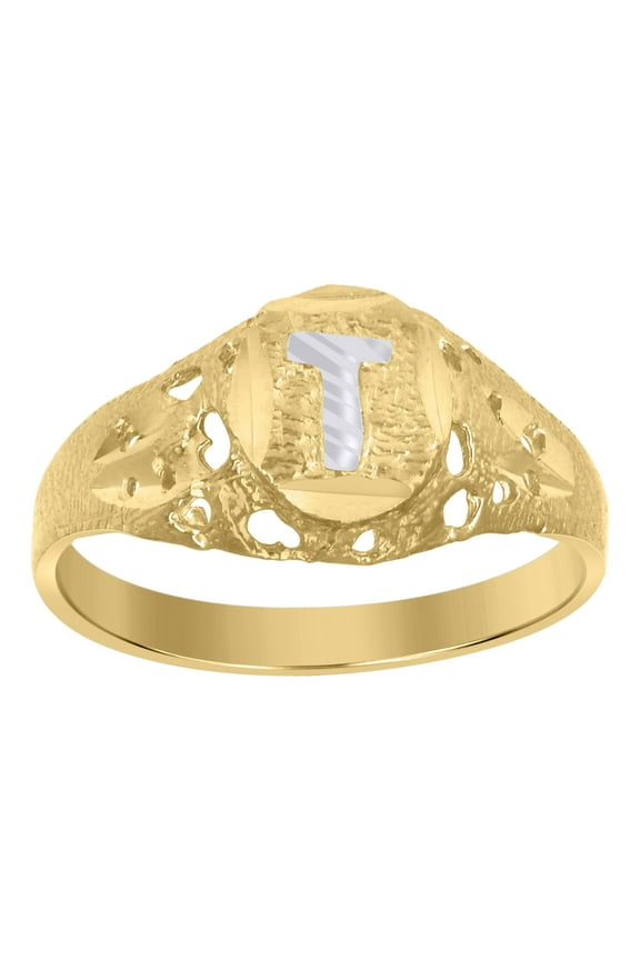 10kt 10k Two-Tone Gold Mens Diamond-Cut Textured Oval Initial Letter T Band Ring